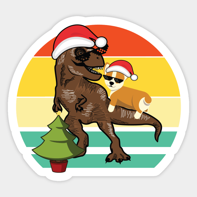 Corgi Riding T Rex with Christmas Tree Sticker by XOZ